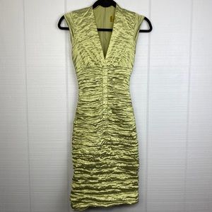 Nicole Miller Satin Green Ruched V-neck Cocktail Dress Cap Sleeve Bodycon Size 2